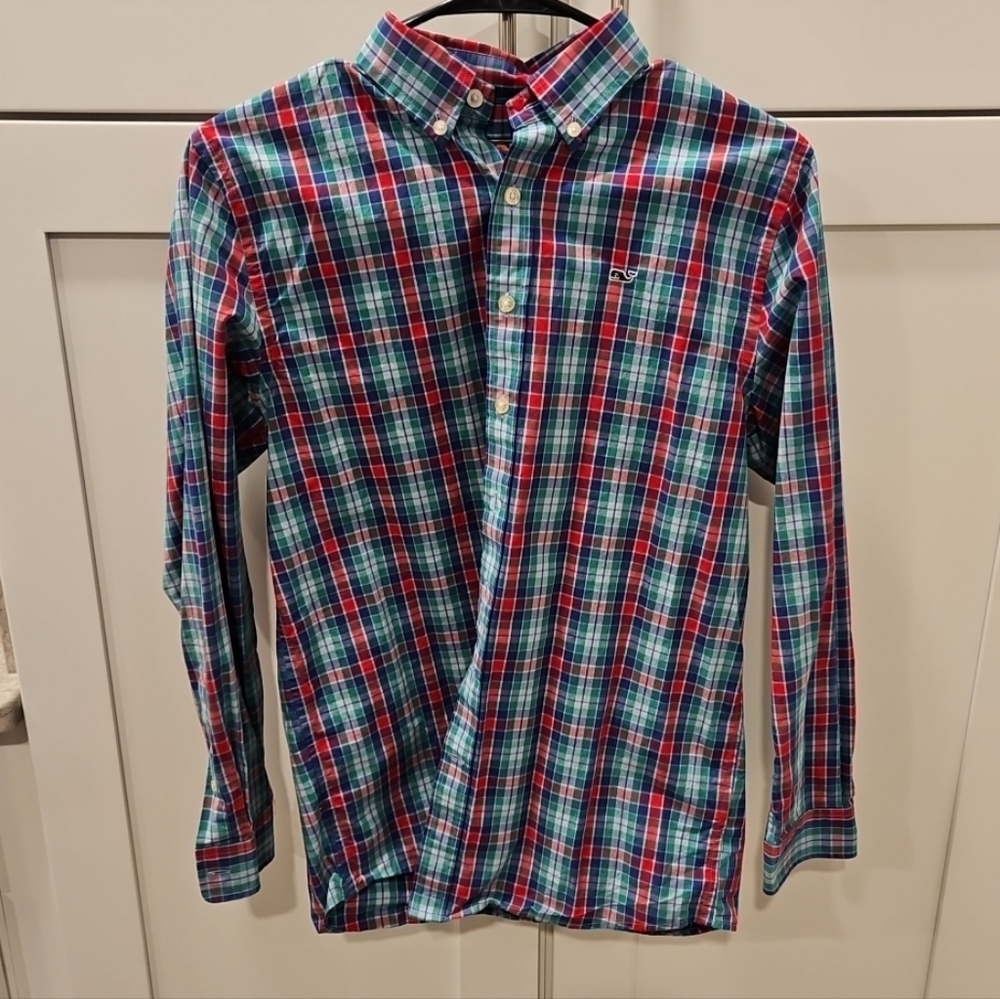 Vineyard Vines Boys Plaid  Button-Down Dress Shirt, Size Large 16 Christmas